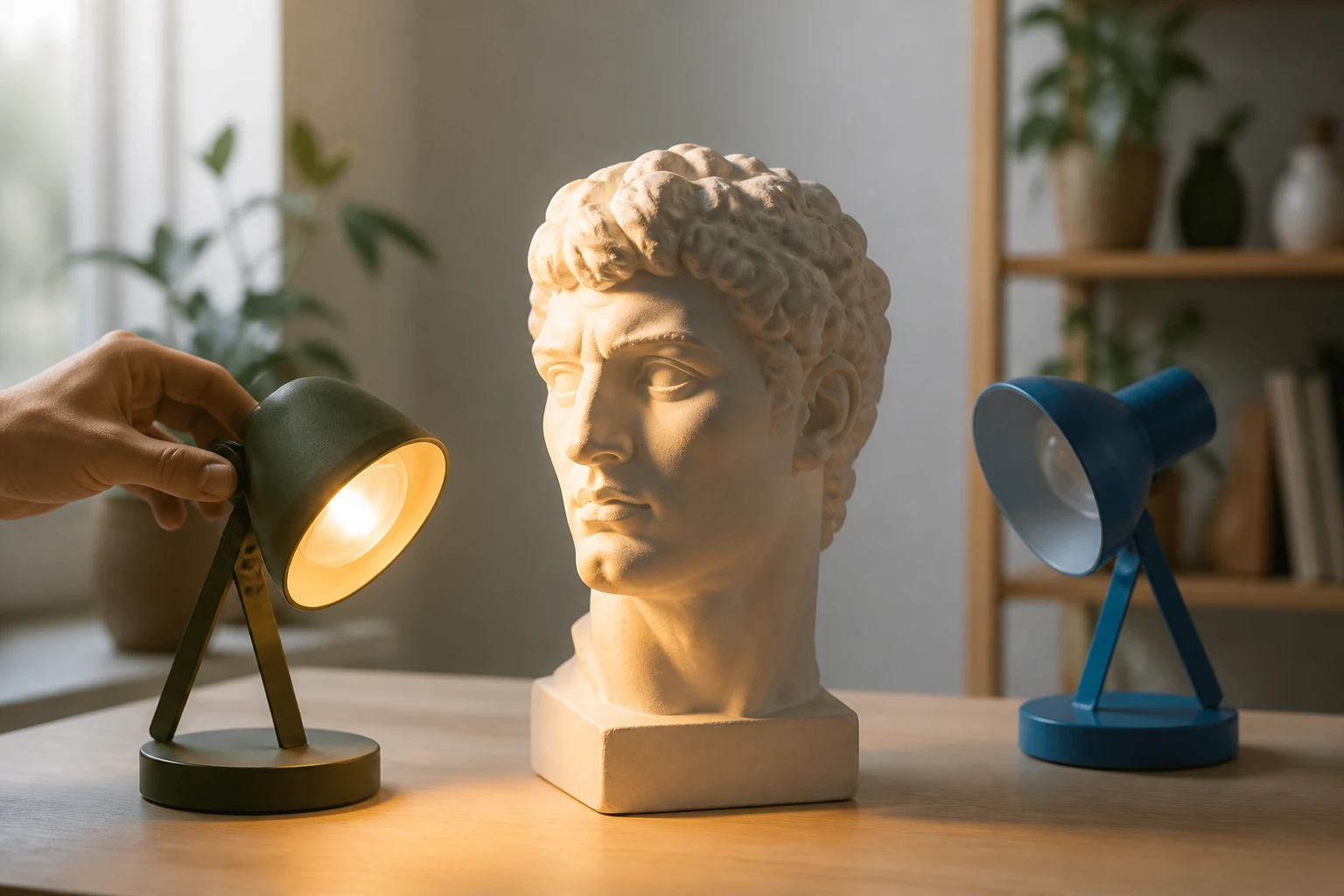 A plaster head study lit by one warm lamp set low to the side while a cool lamp stays switched off