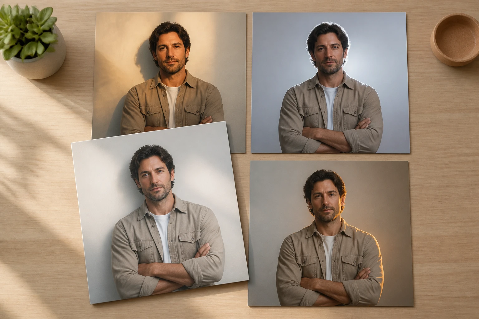 Four prints of the same man each lit differently while his pose and framing stay identical