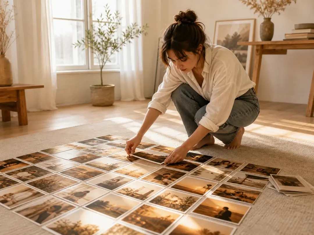 A creator laying out printed photos on a rug that all share one warm directional cinematic tone