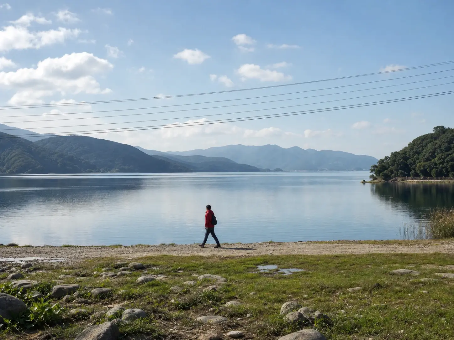 Lakeside photo with a stray tourist and power lines still in the frame