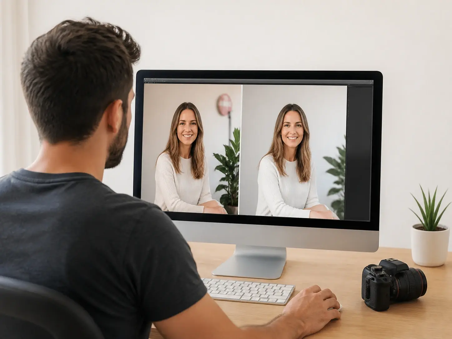 Photographer clearing a stray sign from a client portrait background before final delivery