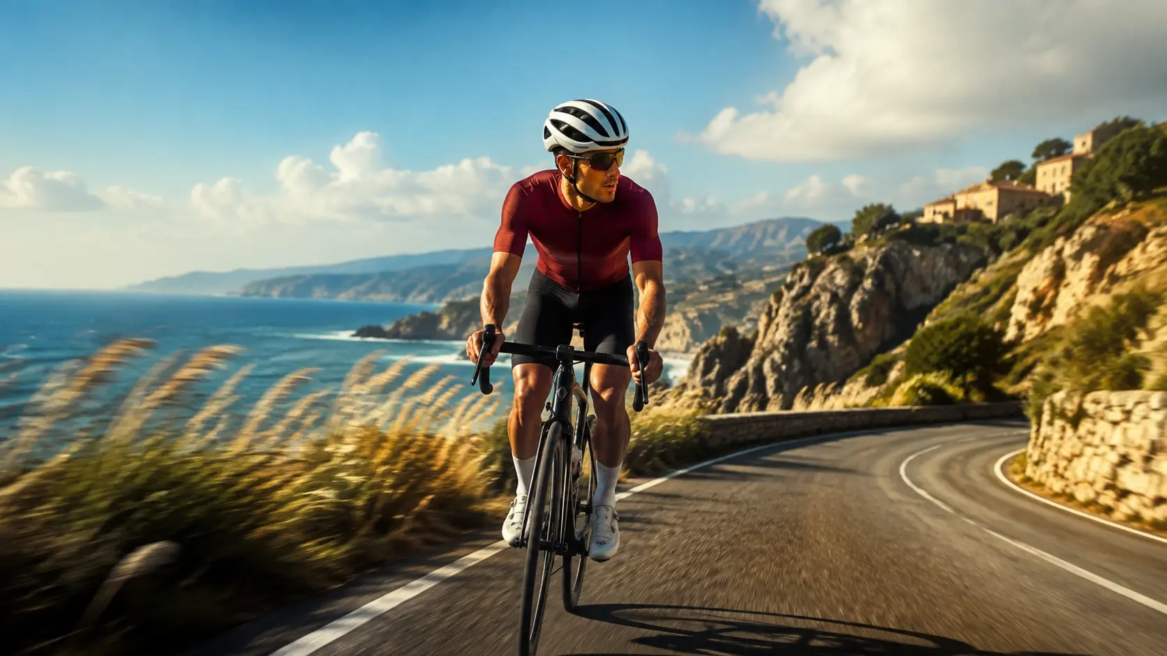 Wide cinematic AI video scene of a cyclist moving along a sunlit coastal road