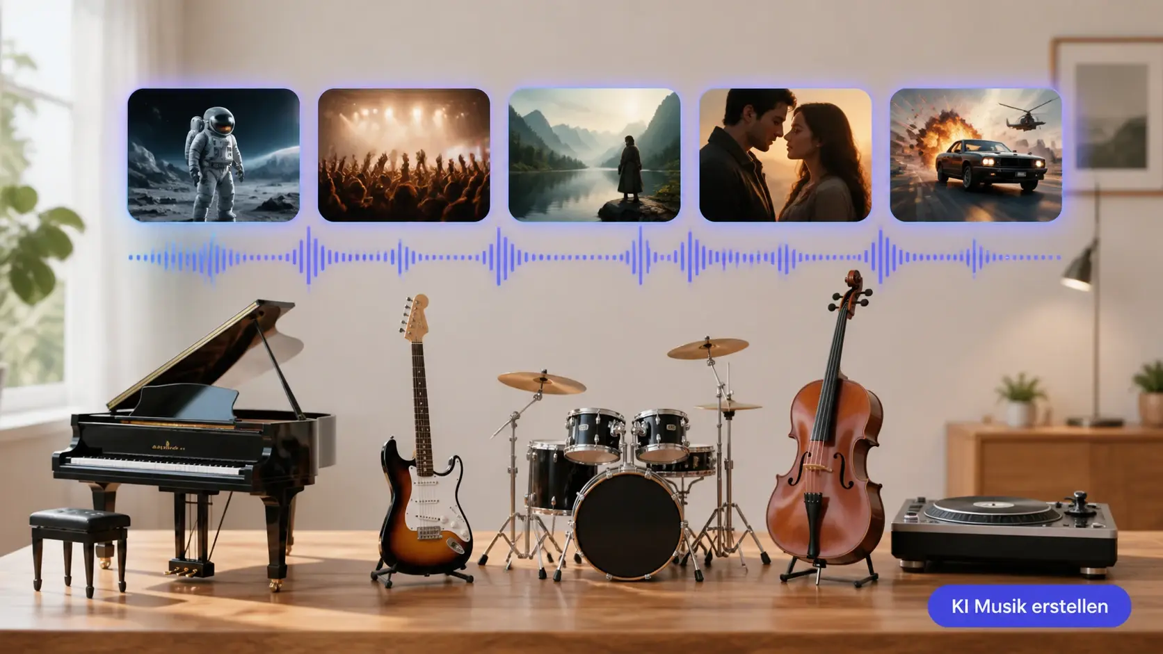 Instrumente verschiedener Genres neben kurzen Filmbildern zeigen ki musik erstellen mit Stilauswahl