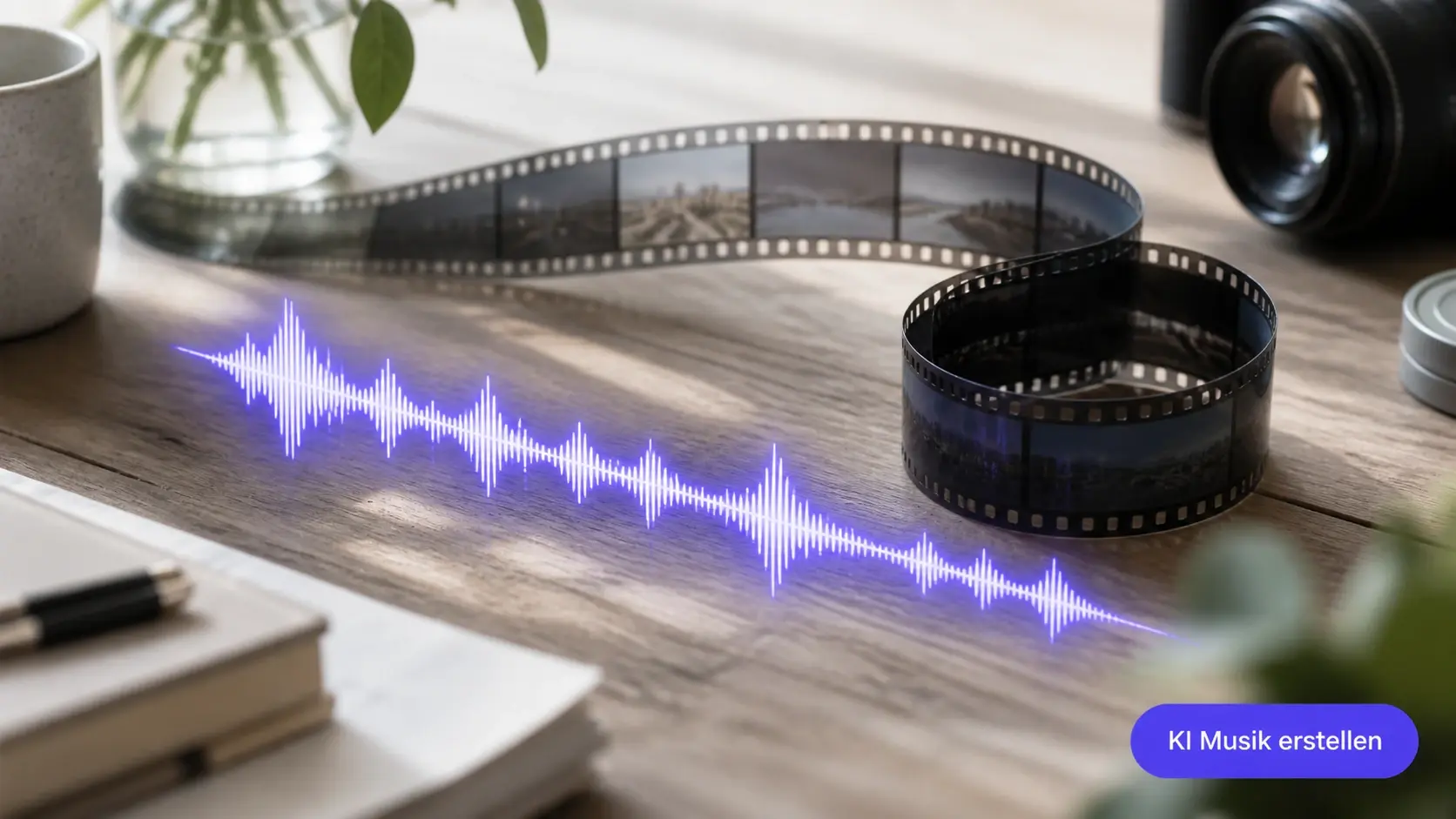 Wellenform in Cliplänge neben Filmstreifen zeigt ki musik erstellen mit passender Dauer
