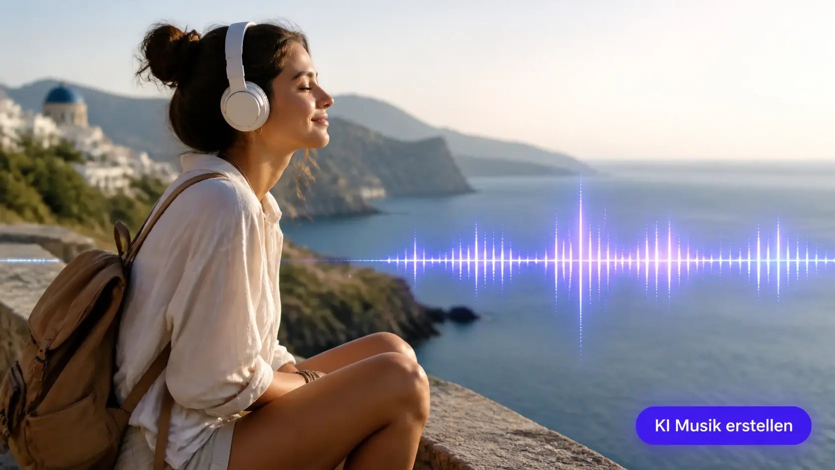 Reiseszene mit Wellenform daneben zeigt ki musik erstellen mit passender Musikrichtung