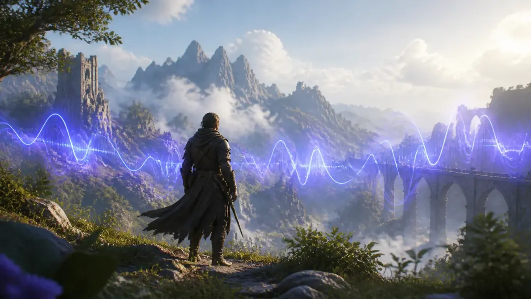 Atmosphärische Game Szene mit Wellenform zeigt ki musik erstellen für Level Musik