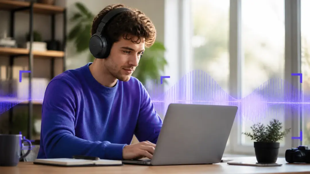 Creator mit Kopfhörern am Laptop nutzt ki musik erstellen für einen schnellen Lifestyle Clip