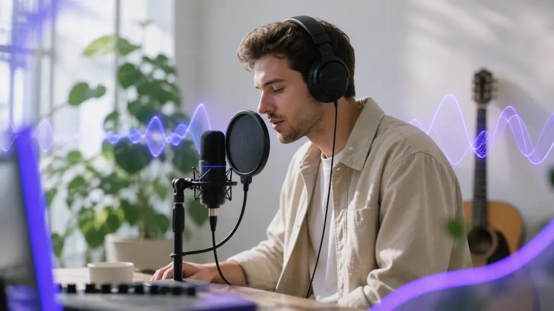 Leises Tutorial mit Sprecherstimme und flacher Wellenform zeigt ki musik erstellen im Hintergrund
