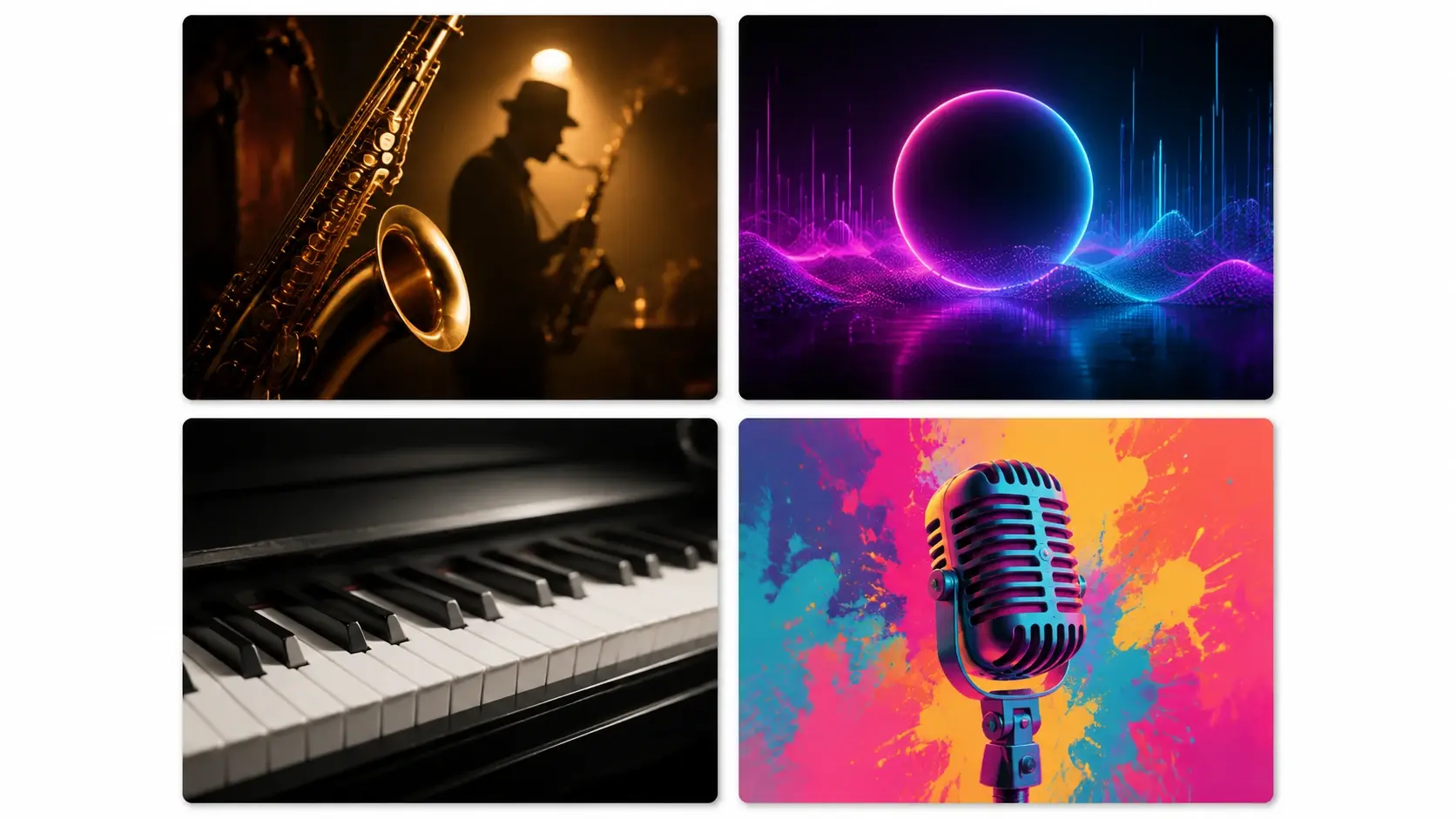 Four album covers representing jazz, electronic, classical, and pop genres