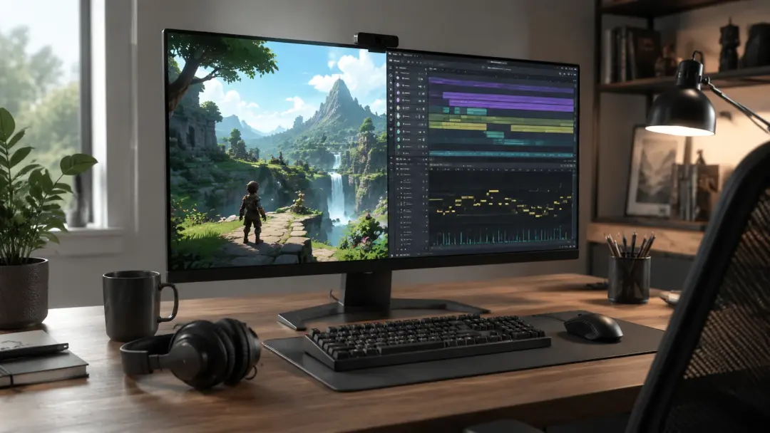 Game developer scoring background music for a game level