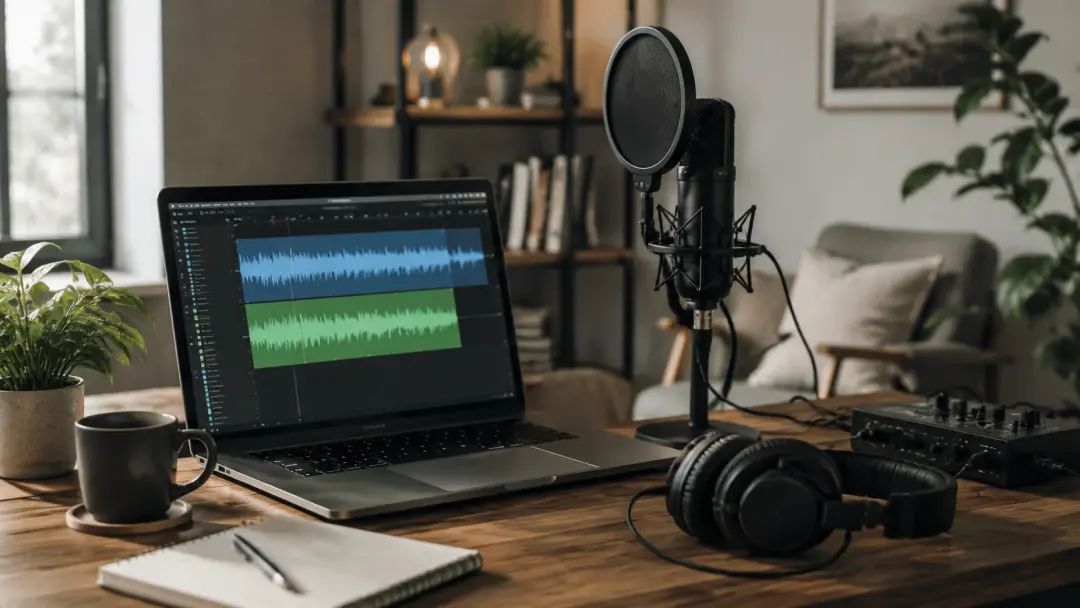 Podcast setup with intro music waveform on laptop