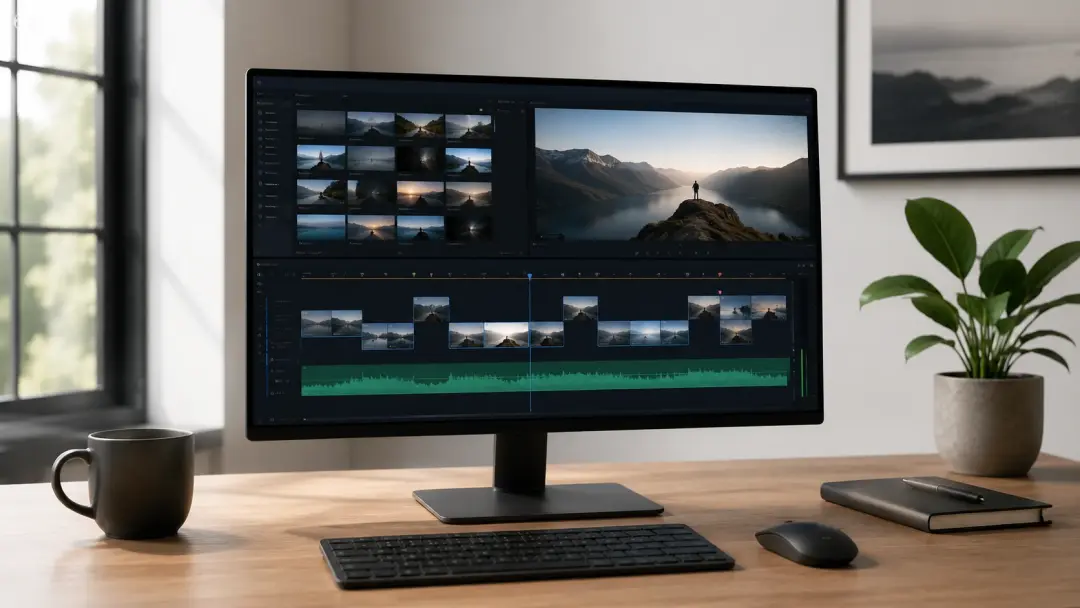 Video editing timeline with AI music track layered beneath clips