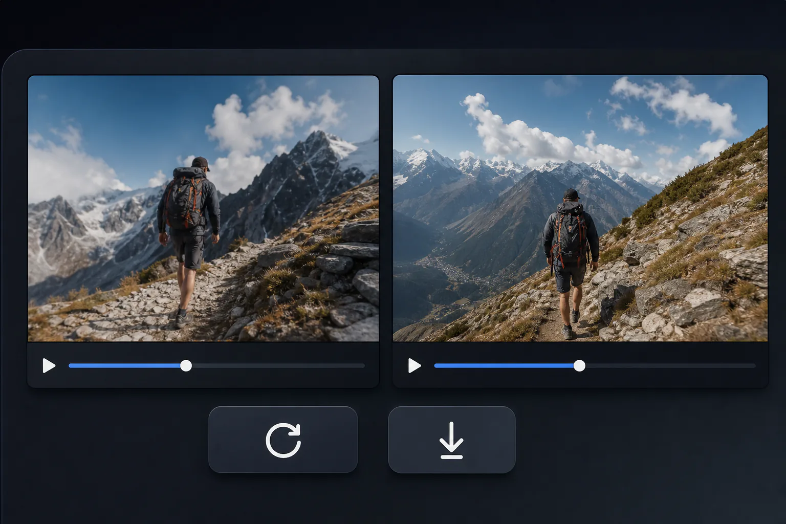 Generated photo video preview with text revision, aspect ratio choice, and MP4 download