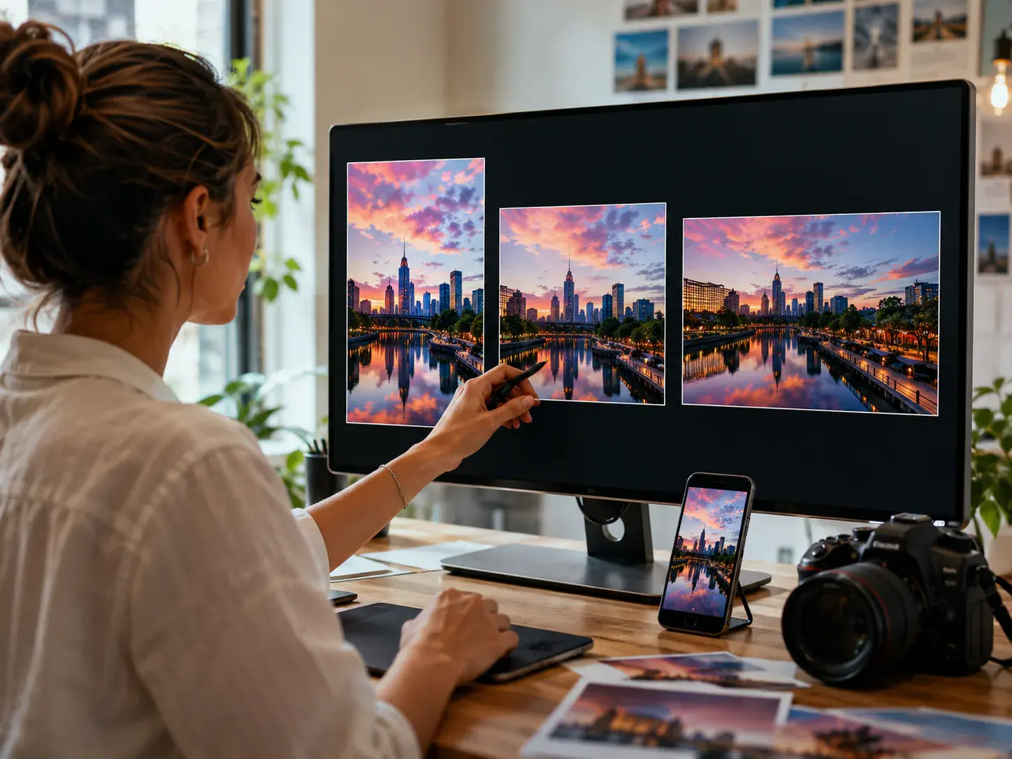 Social creator arranging photos for vertical, square, feed, and landscape videos