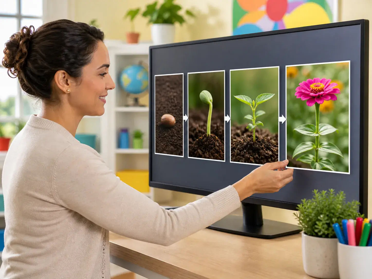 Educator arranging lesson screenshots and diagrams into a narrated teaching video