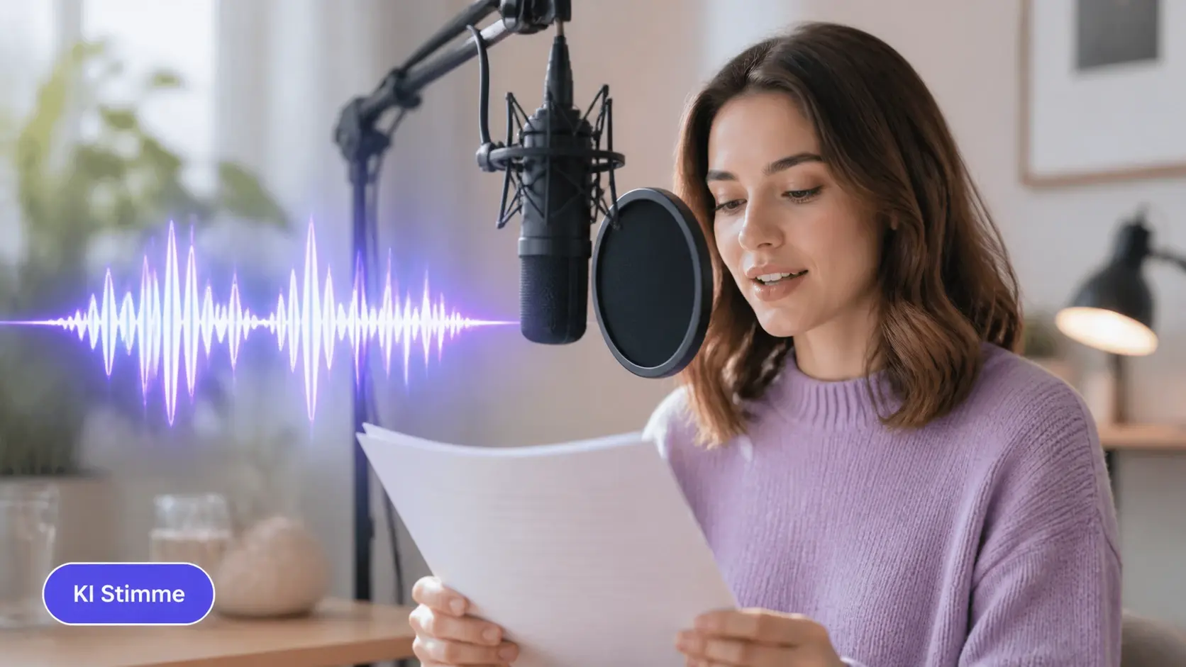 Skriptkarte neben leuchtender Wellenform zeigt eine KI Stimme für ein Voiceover