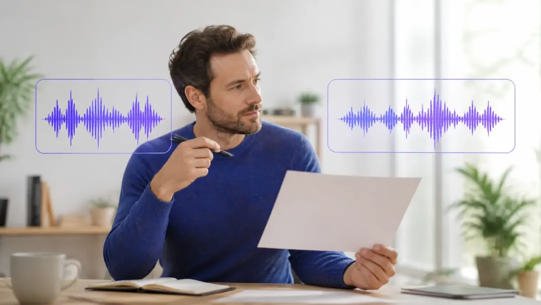 Markenredakteur vergleicht zwei Wellenform Varianten einer KI Stimme für einen Produktclip
