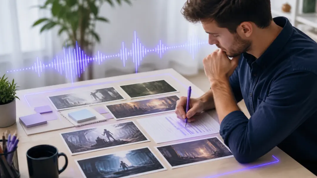 Erklärvideo Autor plant Pausen der KI Stimme neben gedruckten Szenenbildern