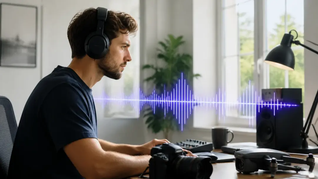 Kurzvideo Creator mit Kopfhörern prüft die Wellenform einer KI Stimme am Schnittplatz