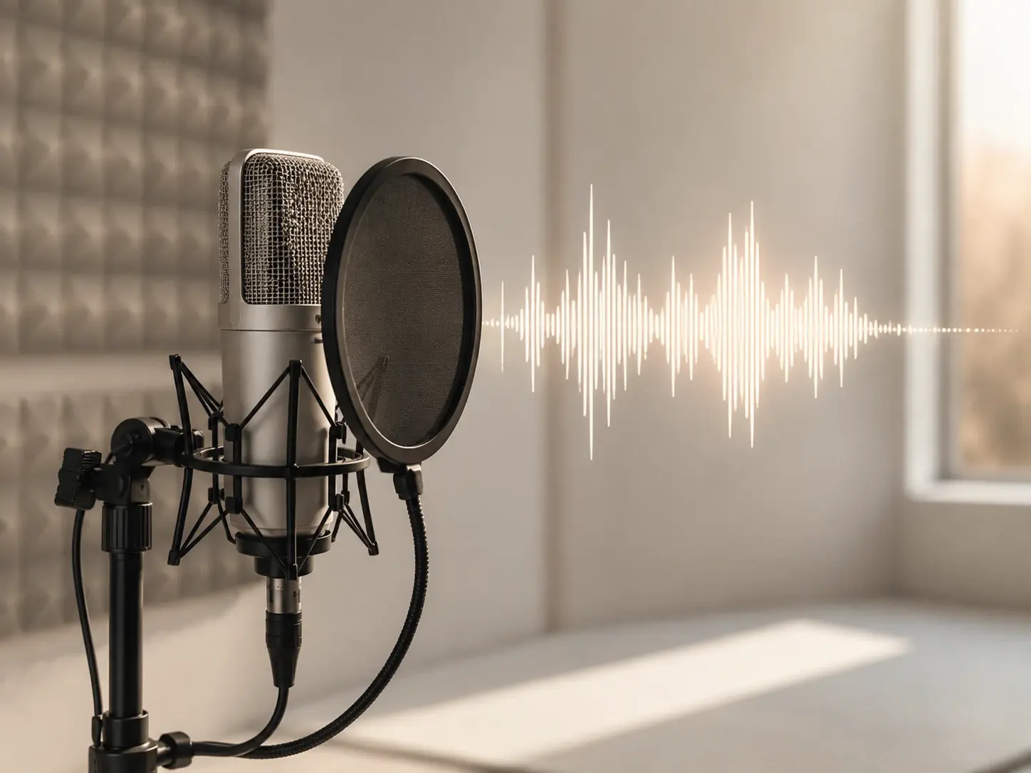 Professional microphone in recording booth with AI voice waveform
