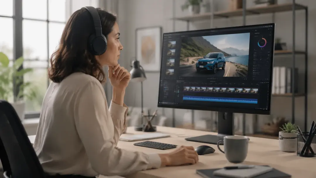 Marketer listening to AI voiceover while reviewing video ad
