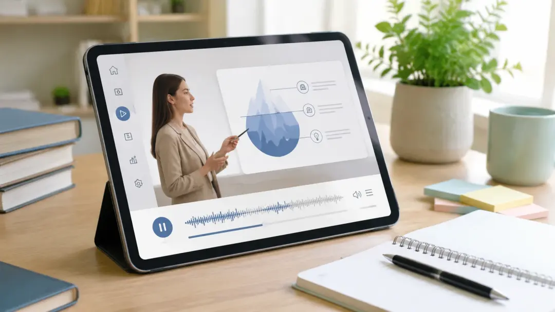 E-learning course on tablet with narration audio bar