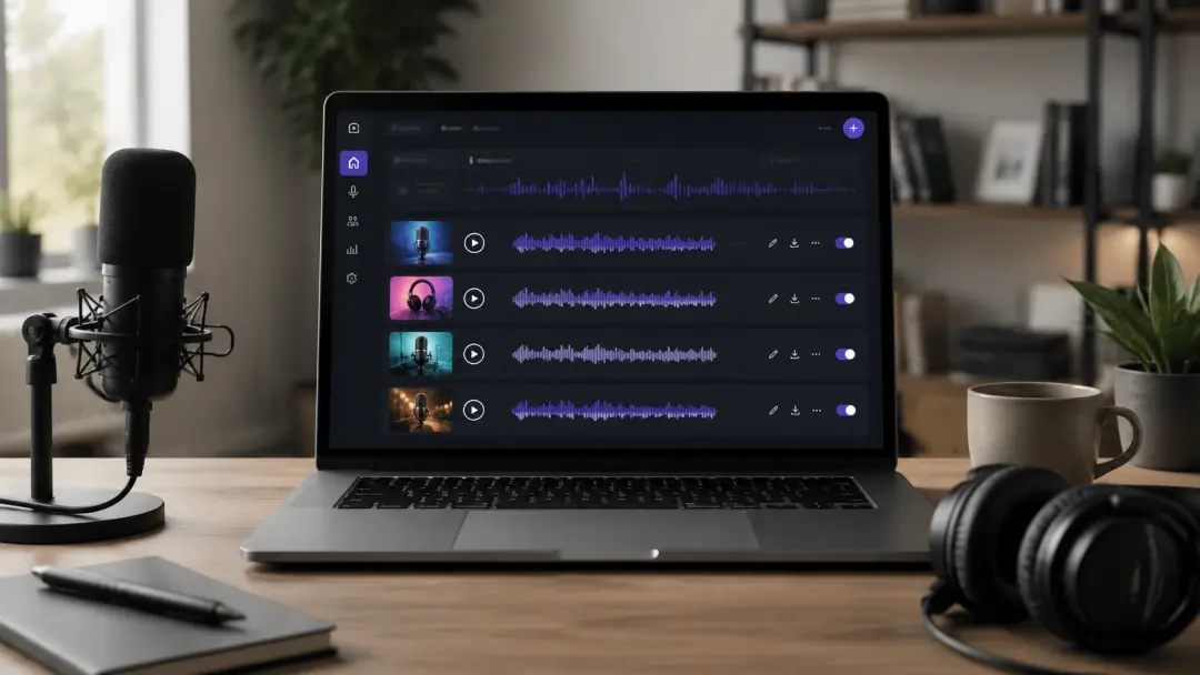 Podcast dashboard with AI-generated voiceover episodes