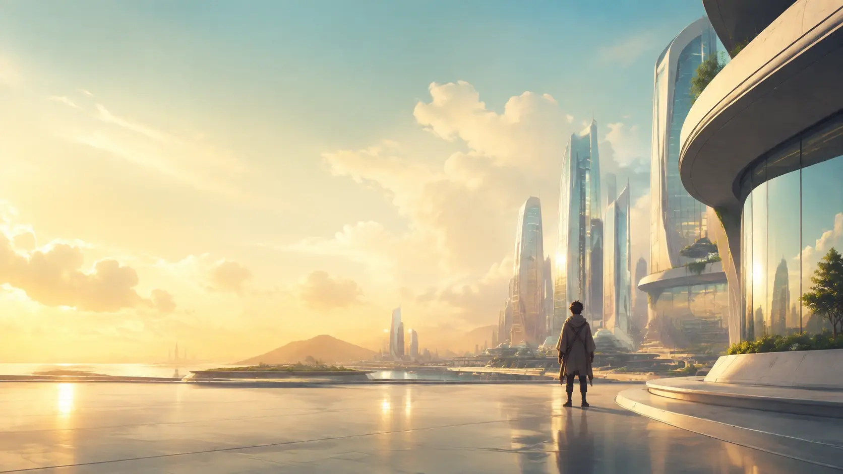 Bright futuristic city atmosphere behind an original character creation call to action