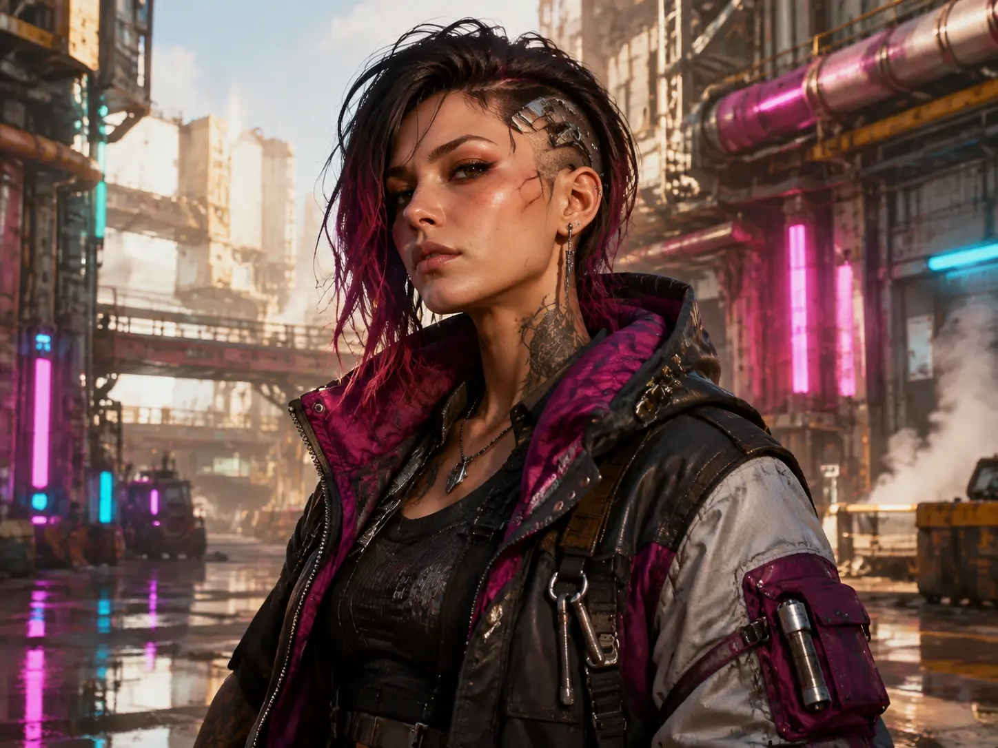 Character direction describing technical clothing, colored light, and an urban background