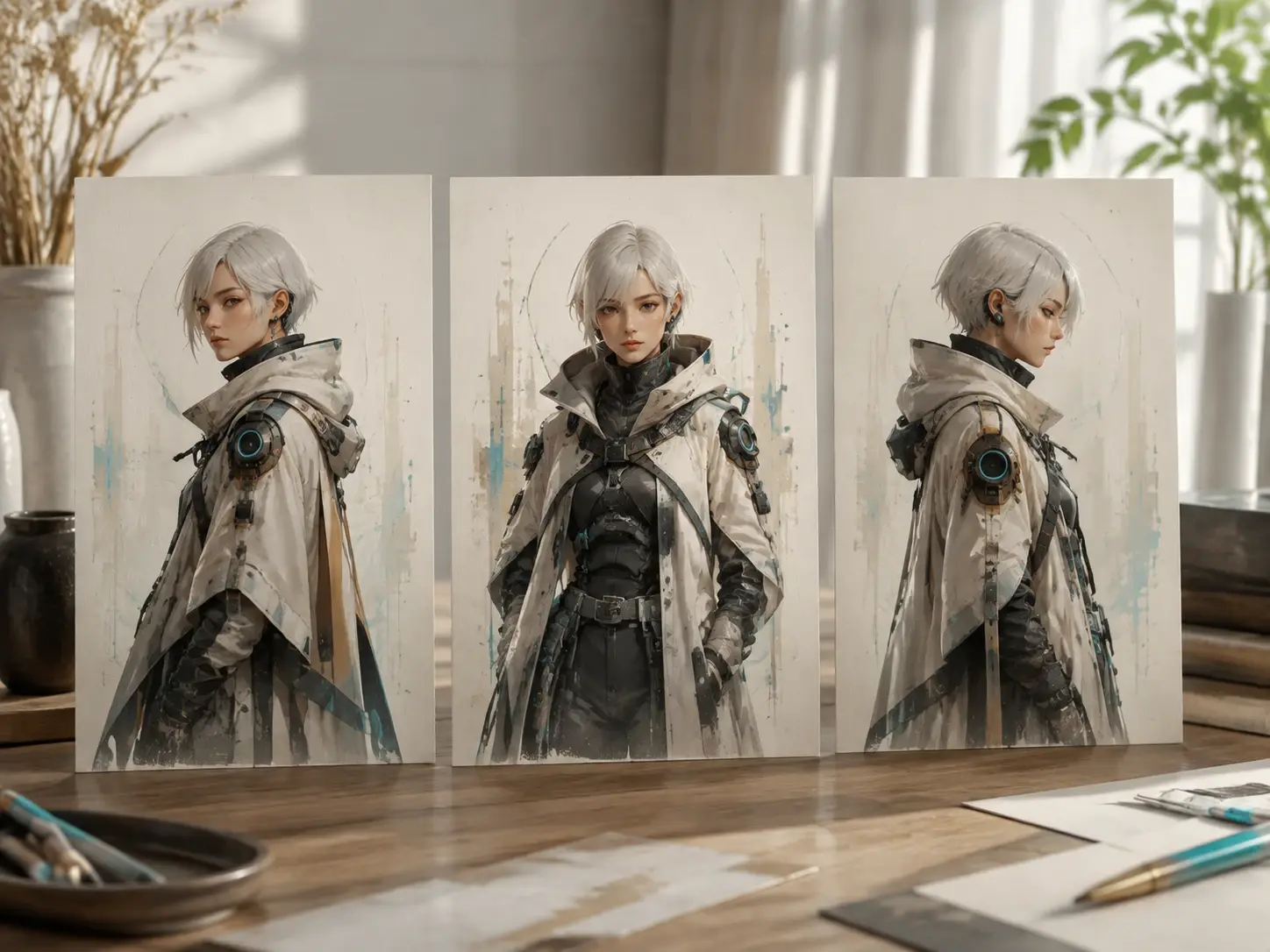 One original character kept recognizable across several poses and city scenes