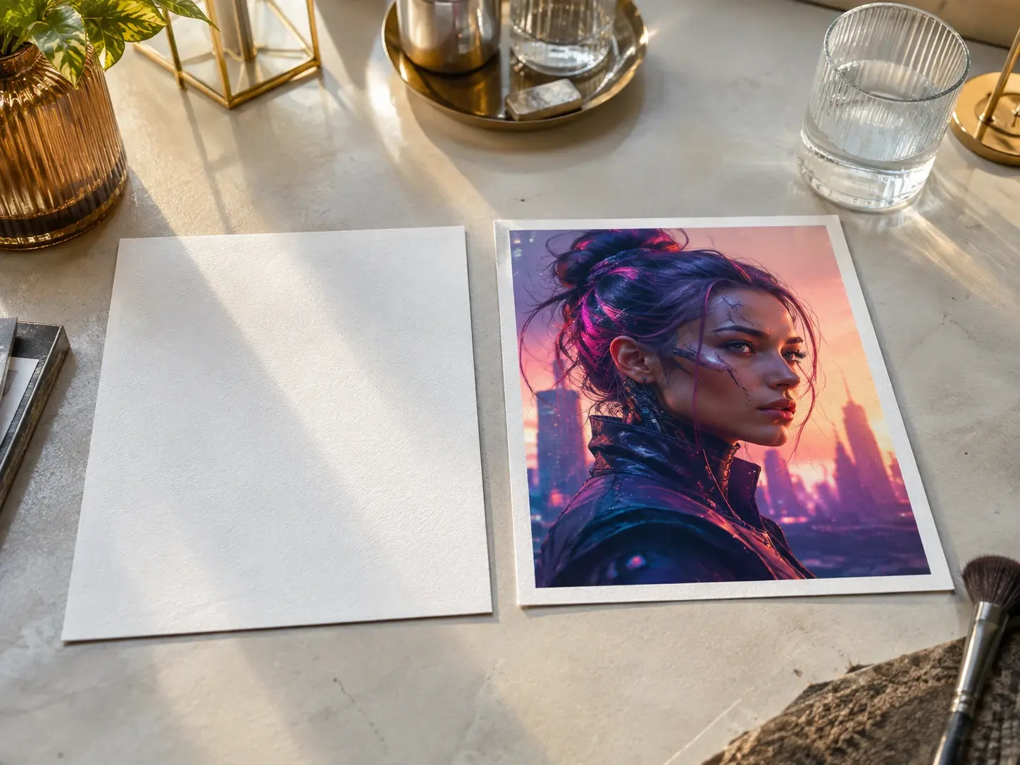 Reference image guiding composition beside an original futuristic character