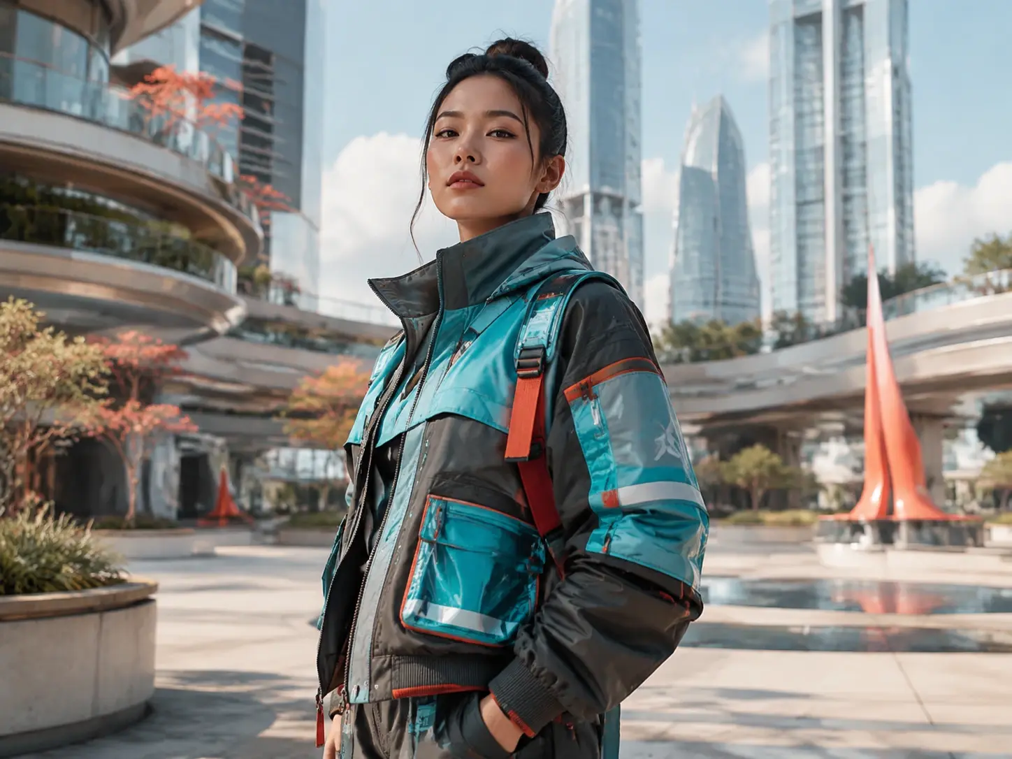 Original cyberpunk character portrait with layered clothing and a bright city setting