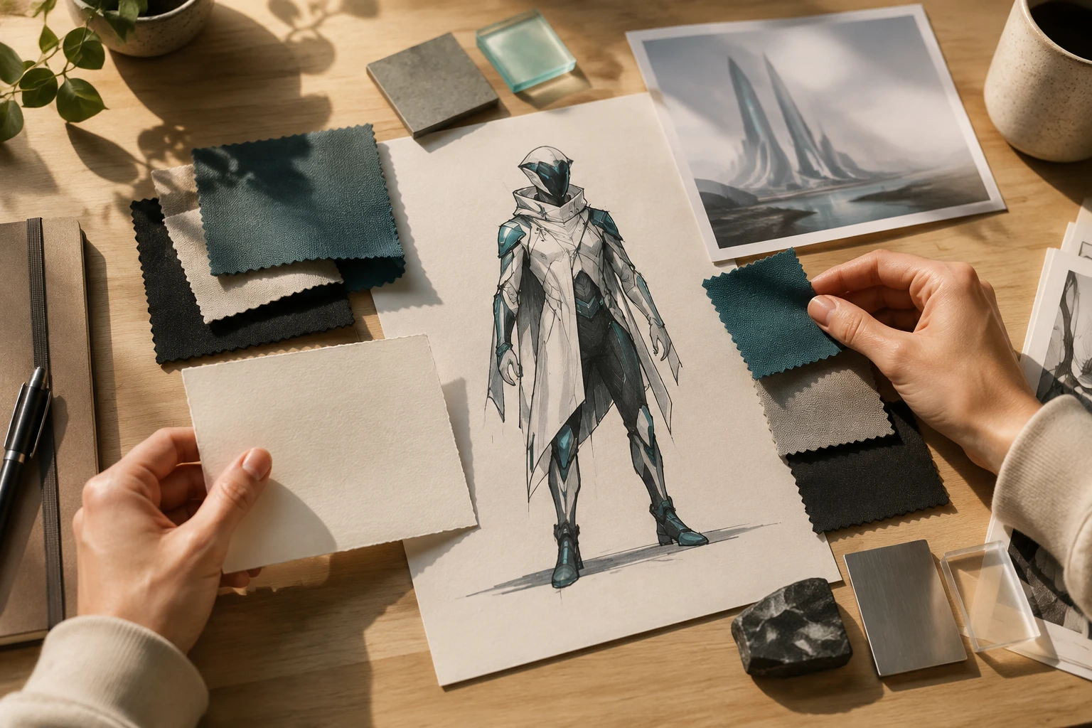 Character prompt with clothing materials, an urban setting, and a reference image