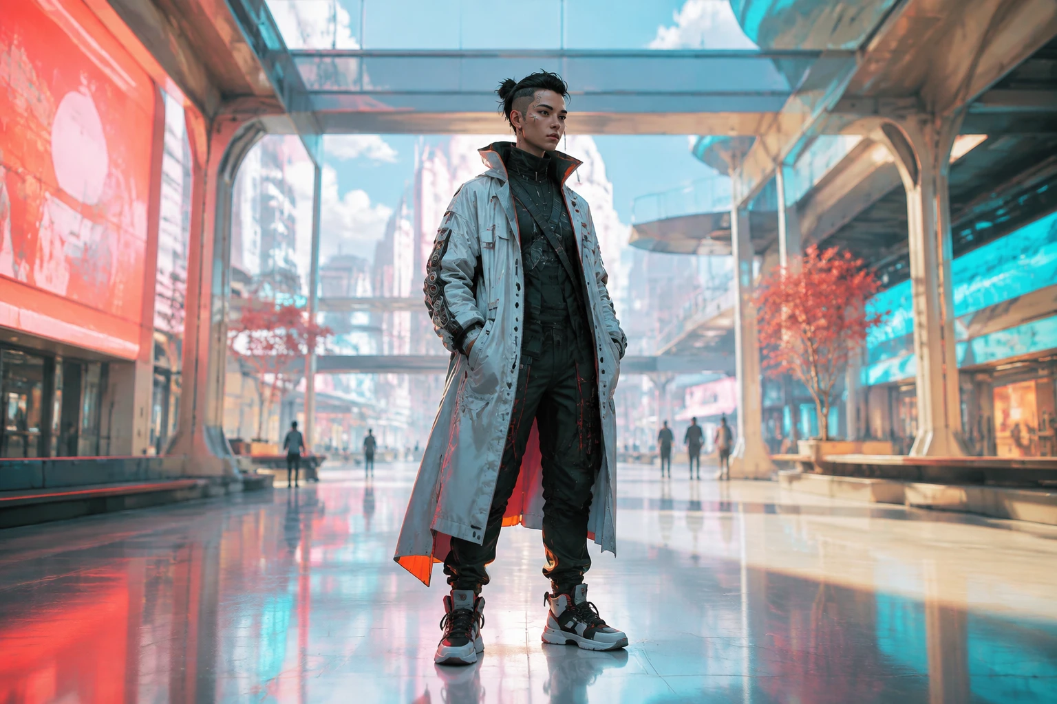 Original character preview with colorful synthwave lighting and a dystopian city mood