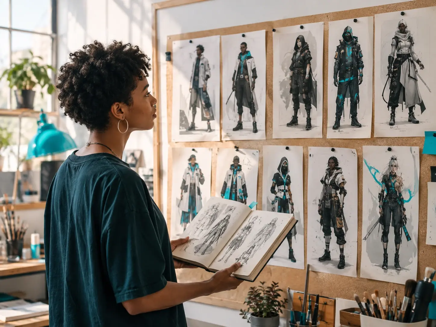 Creator reviewing original character concepts with varied outfits and poses