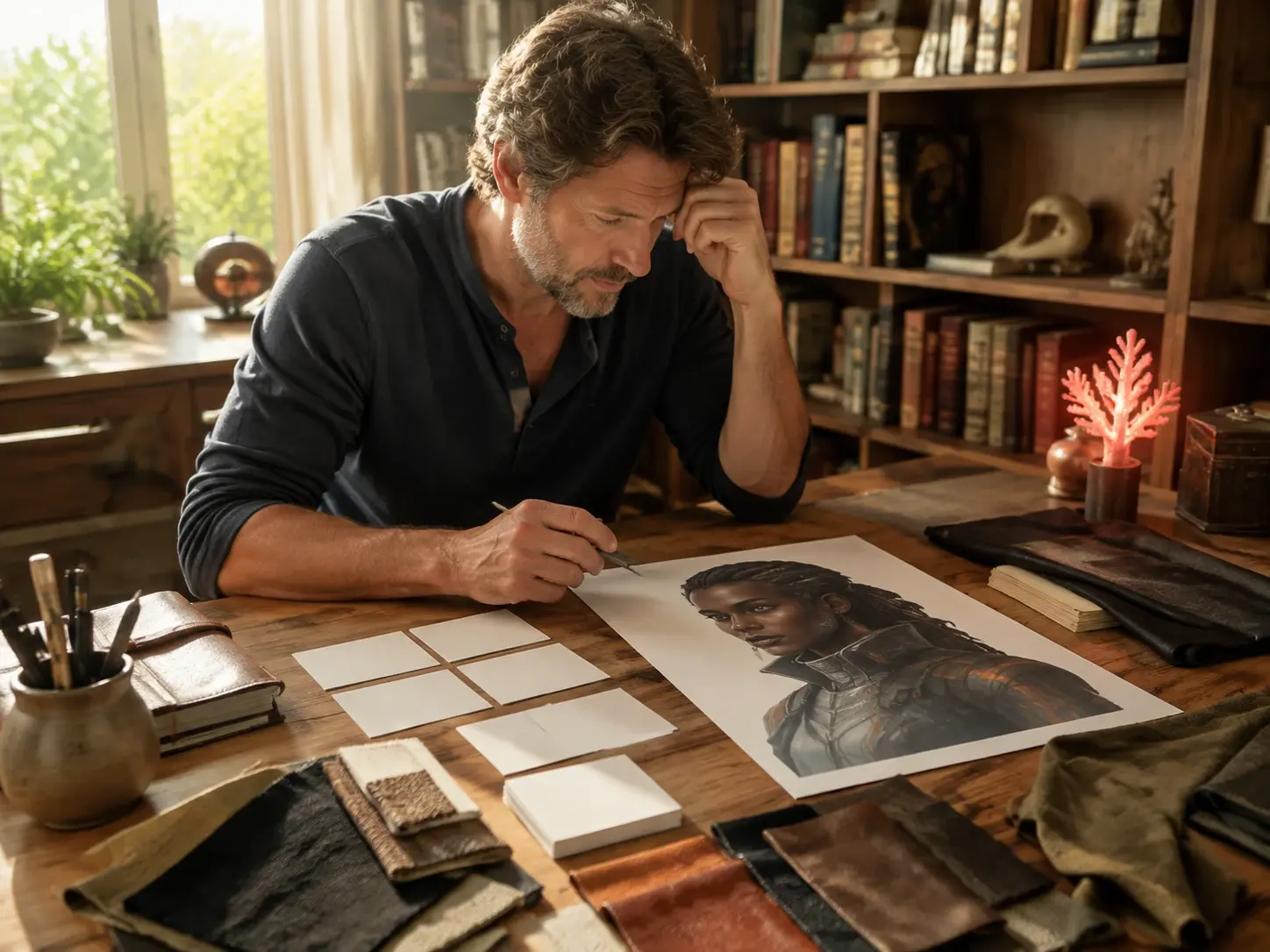 Science fiction writer viewing an original futuristic character beside story notes