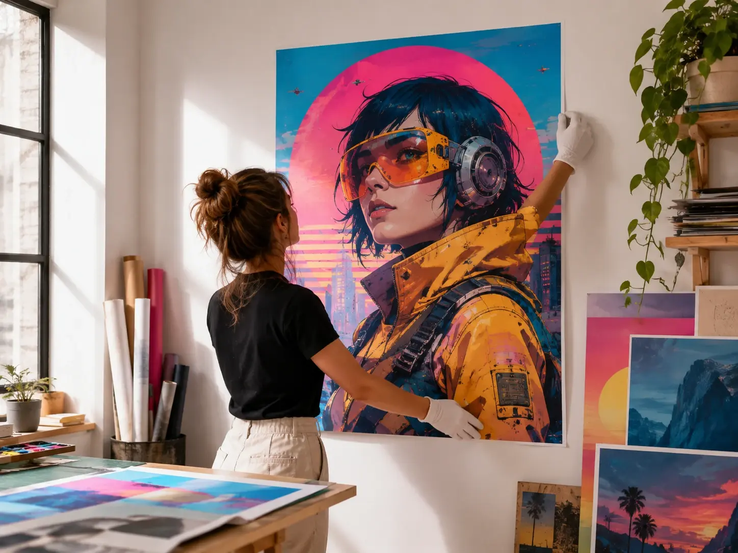 Image maker reviewing a bright synthwave character portrait with detailed clothing