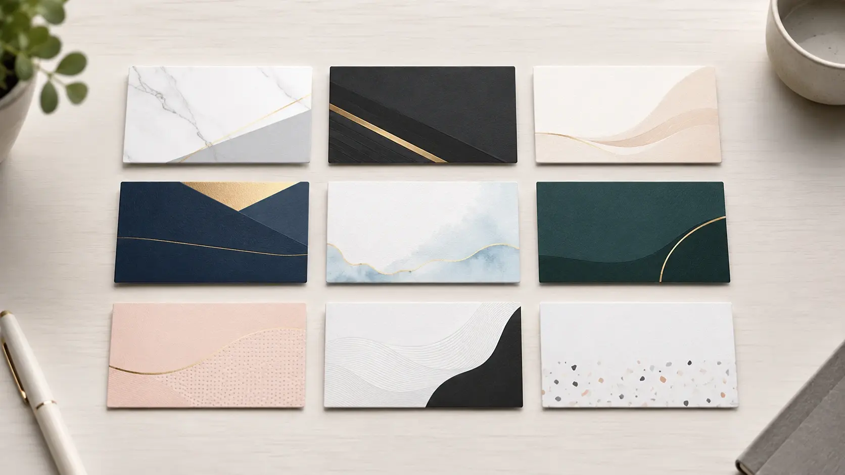 Set of finished business card layouts in different color palettes arranged on a light desk