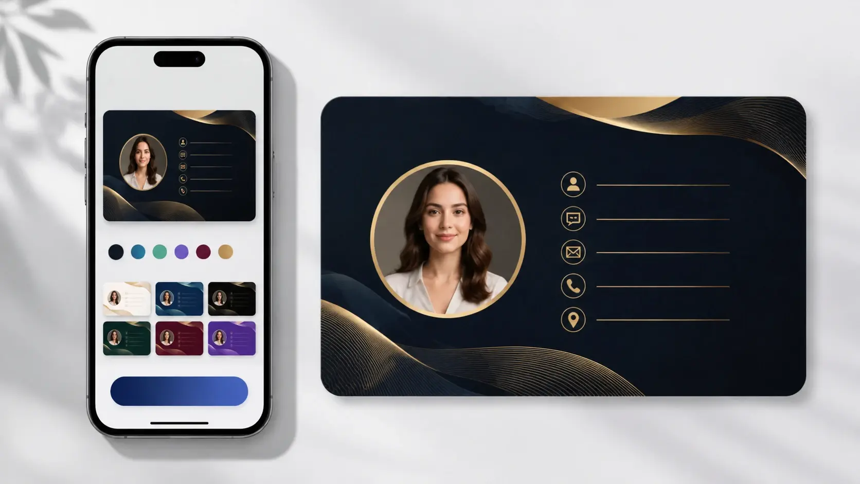 Clean mobile interface showing the visual digital business card maker generating a card layout