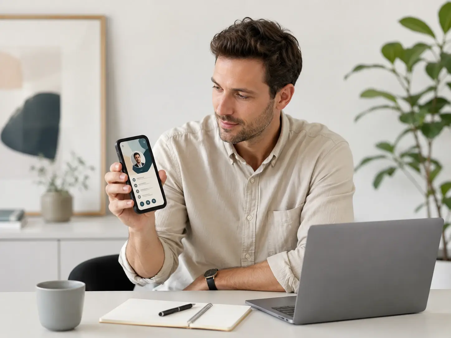 Freelance consultant reviewing a card layout from the digital business card maker on a phone