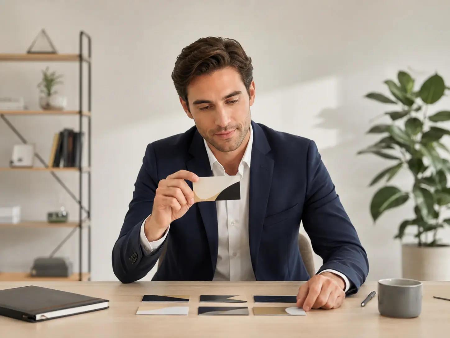 Sales representative checking a visual card draft from the digital business card maker before a meeting