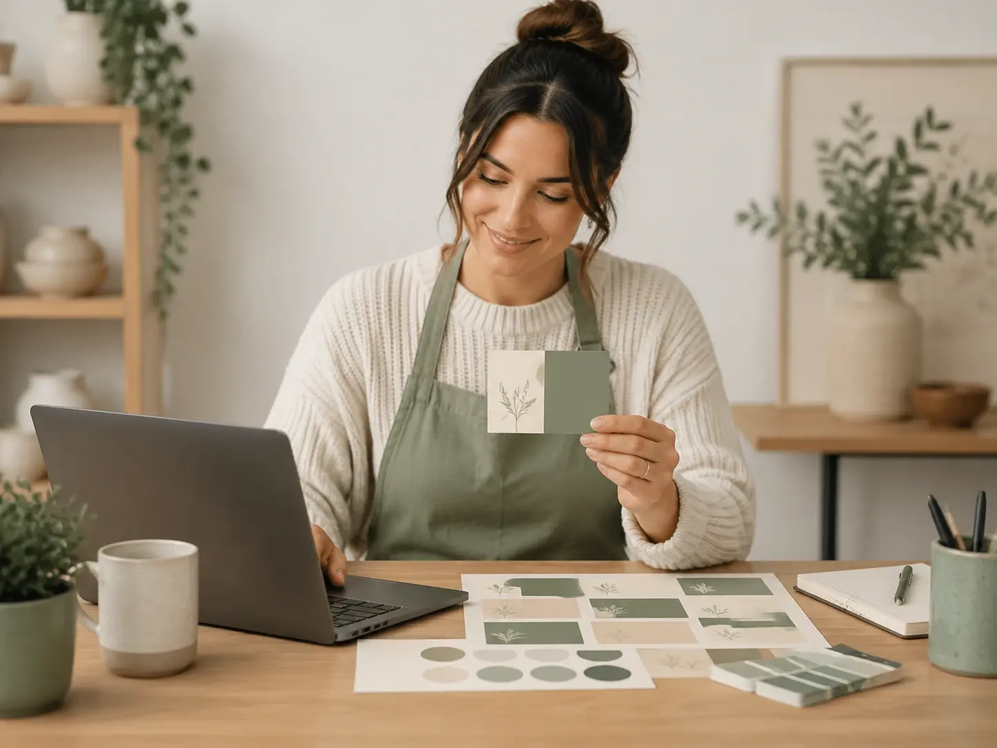 Small business owner generating a card design that matches the shop color palette on a laptop