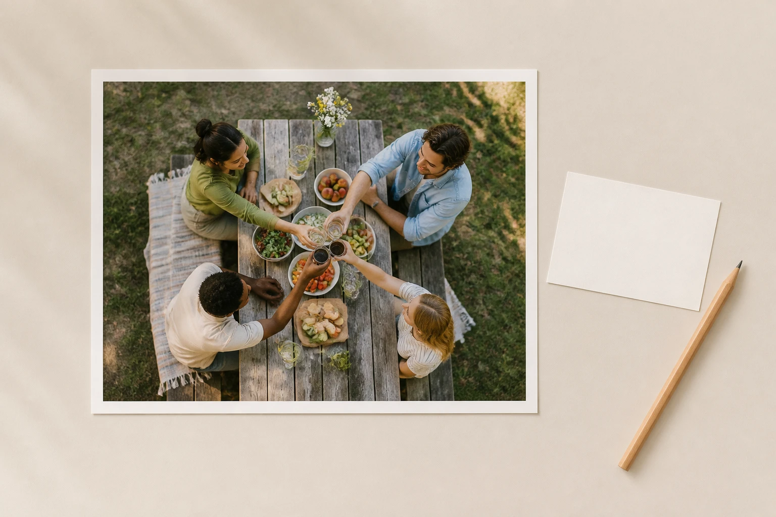 One clean modern print of a picnic table group lying alone on a pale desk
