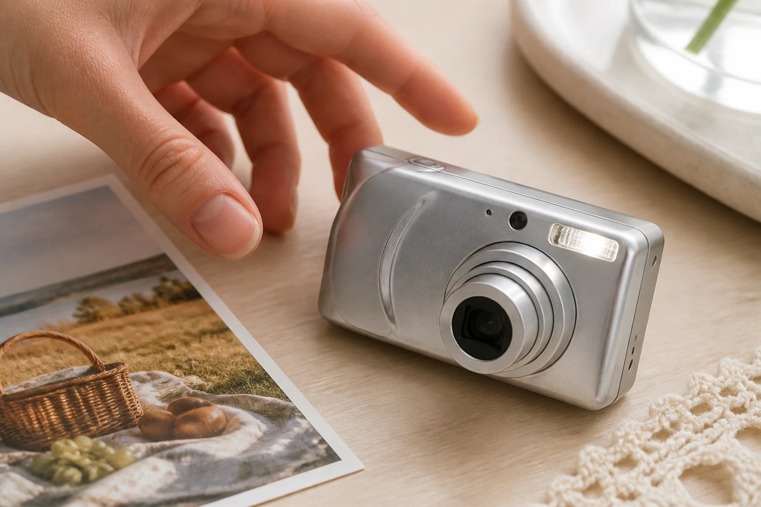 A small silver early 2000s compact camera resting on the desk beside the picnic print