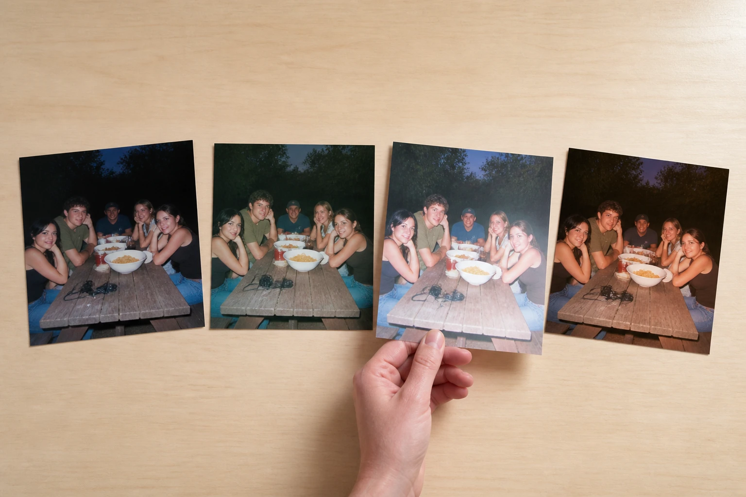 Four prints of the same picnic group each with a different flash strength and colour cast