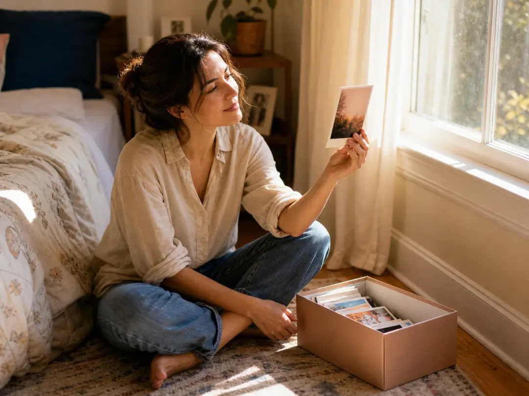 A woman holding a flash lit print up to the window beside an open shoebox of similar prints