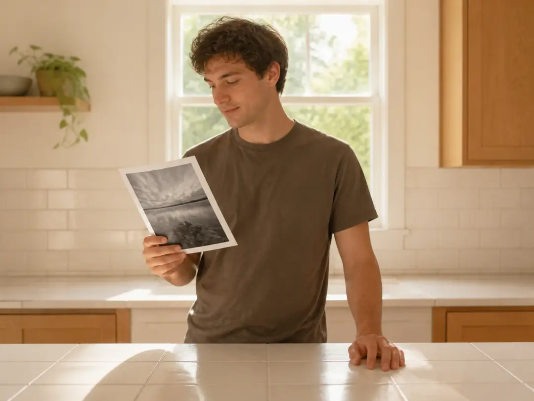 A man at a bare kitchen counter glancing at one finished flash lit print
