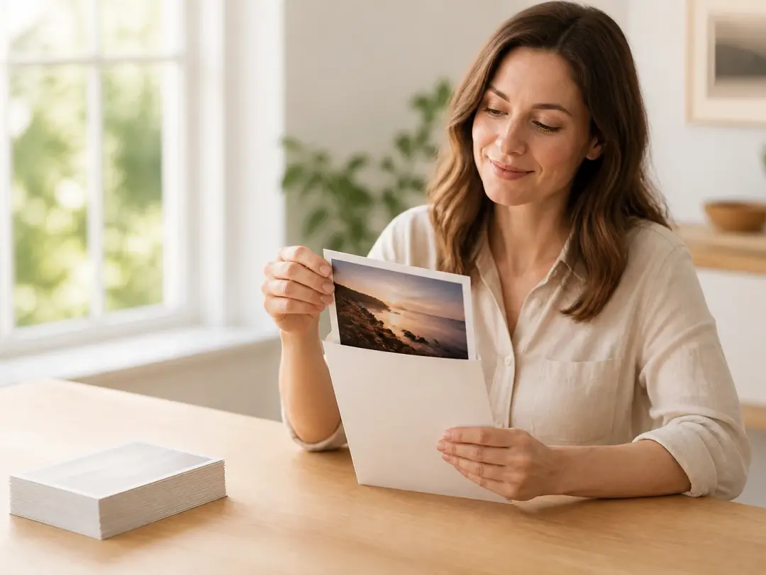 A woman lifting a finished flash lit print from a paper sleeve beside a stack of plain prints
