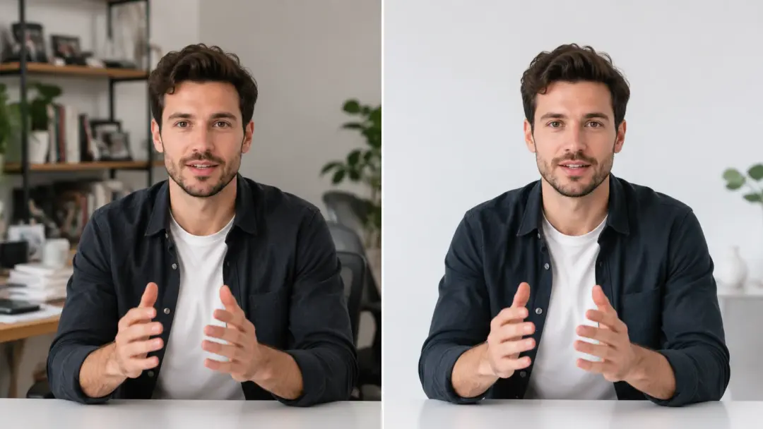 Presenter with messy background replaced by professional studio
