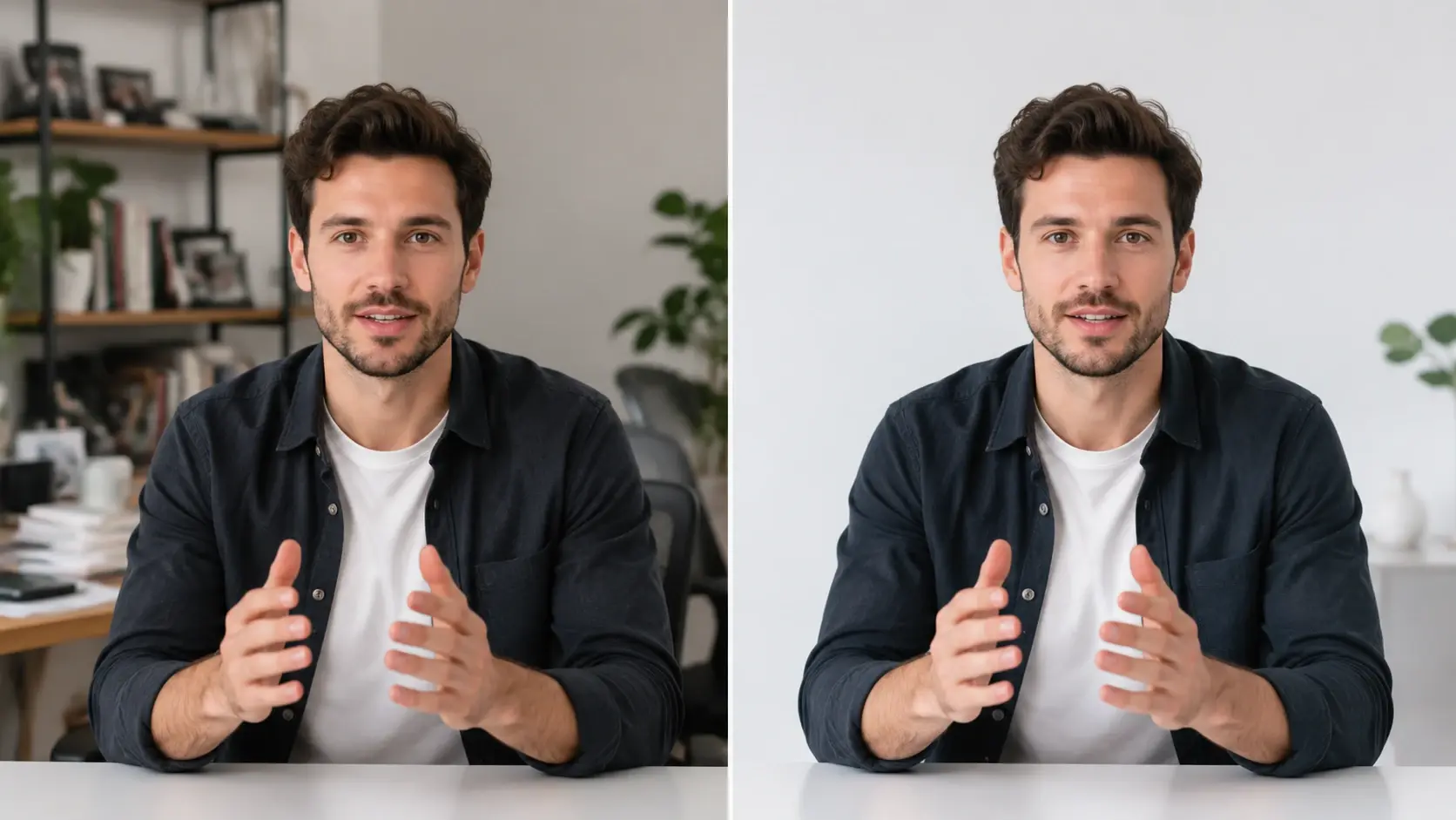 Presenter with messy background replaced by professional studio